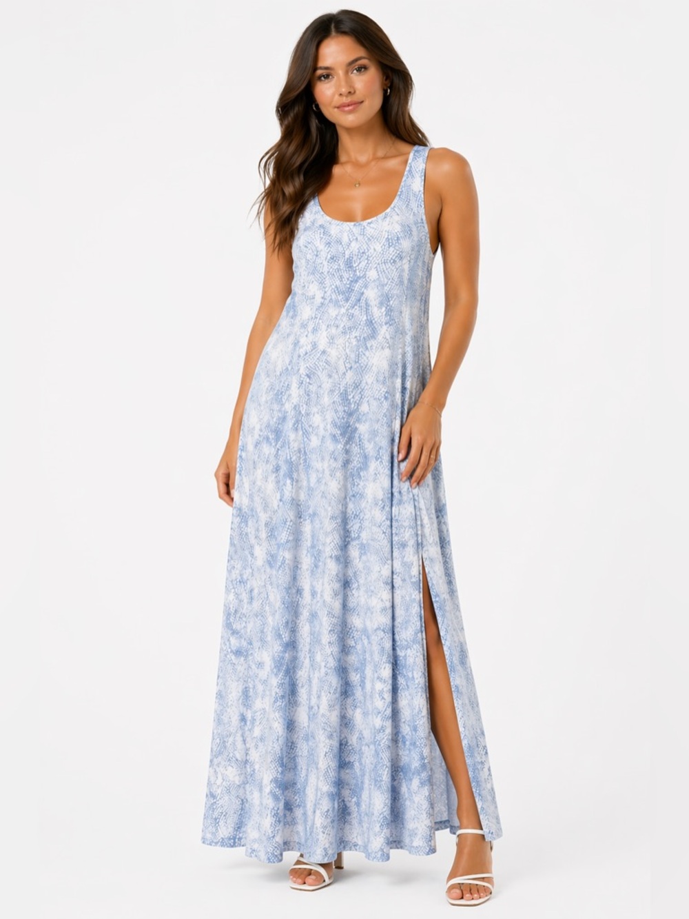 Michael Kors Size Large Elegant Blue & White Flowy Maxi Dress with‎ Slit